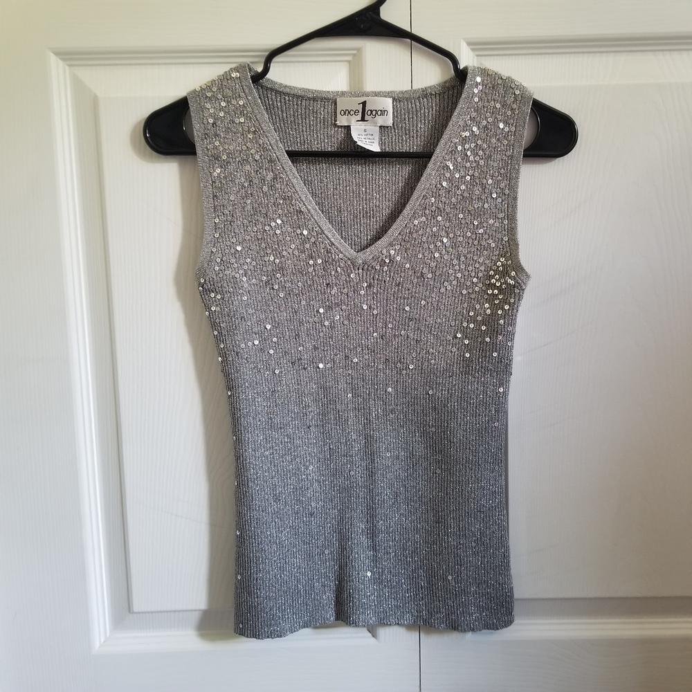 Once Again Women's Tank Top Small Silver Gray Sequins Vintage Y2K